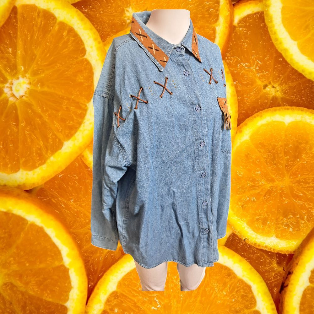 P.G.B. Western Denim Shirt Leather Fringe Lace Up Detail Large